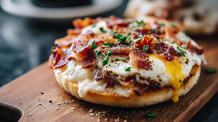 Pizza with fried egg, bacon and cheese on a wooden boardの素材