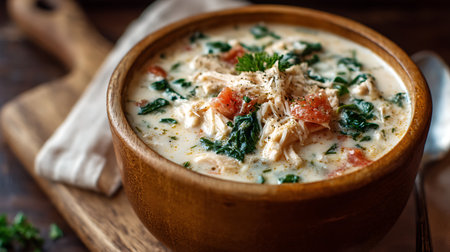 Creamy chicken soup with spinach and feta cheese in wooden bowlの素材