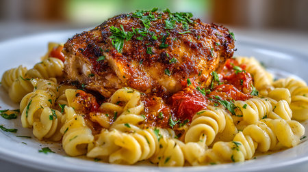 Baked chicken with pasta on a white plate. Close-up.の素材
