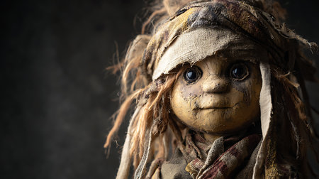 Scarecrow with dirty face on dark background, halloween conceptの素材