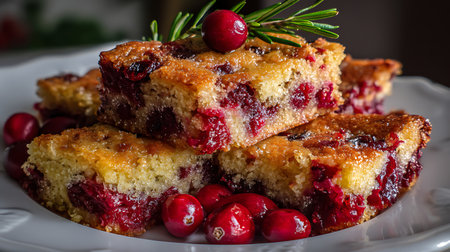 Cranberry cake with rosemary and cranberries on a white plateの素材