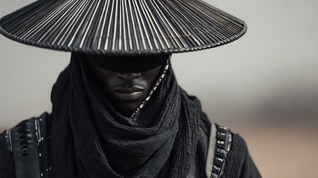 Close up portrait of a black African woman wearing a black hat and a black scarfの素材