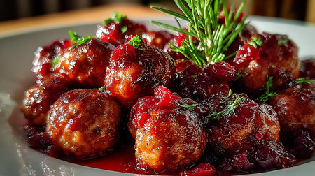 Meatballs with cranberry sauce and rosemary on a white plateの素材