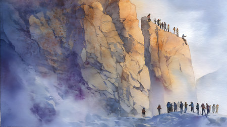 3D rendering of a group of people walking on a cliff in winterの素材