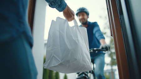 Cropped view of delivery man holding paper bag while riding on bicycleの素材