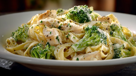 Fettuccine pasta with chicken fillet, broccoli and cheeseの素材