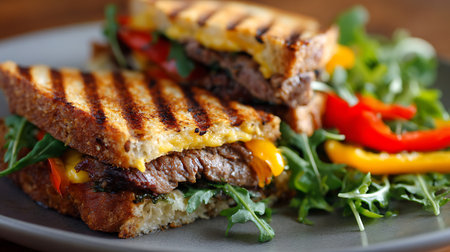 Grilled beef sandwich with arugula, pepper and cheese.の素材