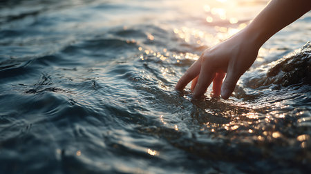 Close-up of a woman's hand in the water at sunsetの素材