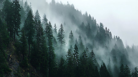 Foggy mountain landscape with coniferous forest in the foregroundの素材