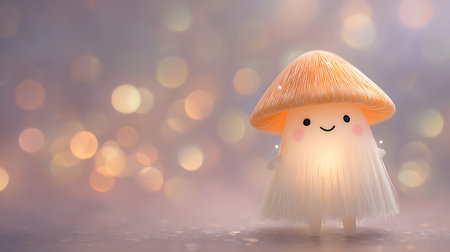 Funny mushroom character with bokeh background. 3d renderingの素材