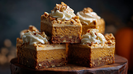 Piece of pumpkin cake with whipped cream and nuts on a dark backgroundの素材