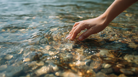 Close-up of a woman's hand holding a stone in the waterの素材
