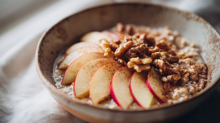 Oatmeal with apples and walnuts in a bowl on the tableの素材