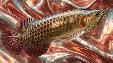 3D illustration of a golden carp fish on a wavy backgroundの素材
