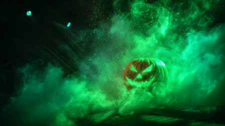 Halloween pumpkin with green smoke on dark background. 3d renderingの素材
