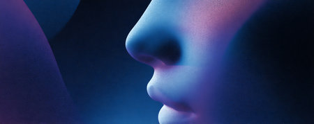 3d rendering of a female face with blue and pink gradient backgroundの素材