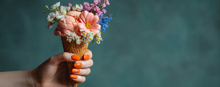 Female hand with orange manicure holding a waffle cone with flowersの素材