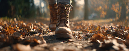 Close-up of a man's feet walking through the autumn leaves.の素材