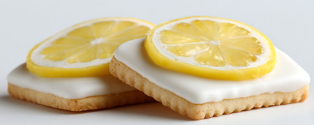 Lemon tartlets with white icing and lemon slices on white backgroundの素材