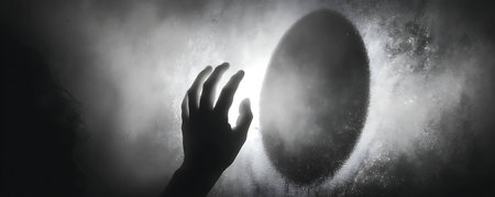 Halloween concept. Hand of an unknown witch in the dark with a magic ballの素材