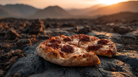 Pizza on the ground in the desert at sunset. Toned.の素材