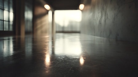 A low angle shot of a corridor in an office building with a blurred backgroundの素材