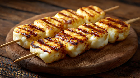 Grilled mozzarella cheese skewers on wooden table, closeupの素材