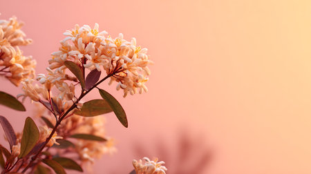Branch with white flowers on a pink background. Copy space.の素材