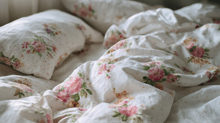 Crumpled white bedding with floral pattern in the morning.の素材