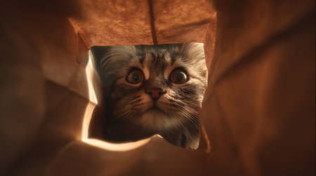 Cute cat peeking out of a hole in a paper bagの素材