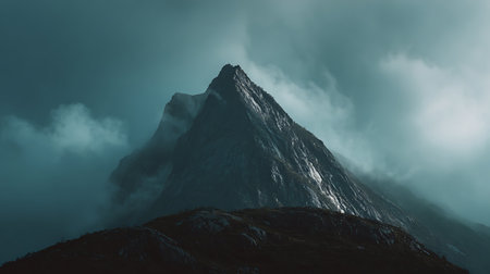 Mountain peak in the clouds. Beautiful mountain landscape in the fog.の素材
