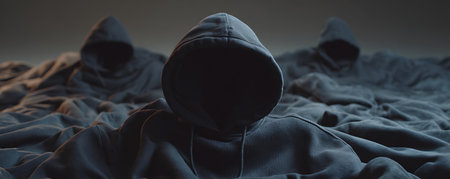 Hooded man in black hoodie lying on bed under blanketの素材