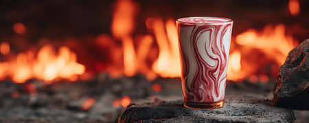 Close-up of a glass with red and white stripes on the background of a burning fireの素材
