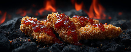 Close-up of fried bread crumbs with sweet red jam on black coalの素材