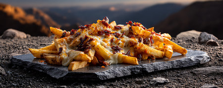 Potato fries with melted cheese on the background of the mountains.の素材