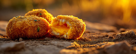 Breaded cheese balls on the ground. Selective focus.の素材