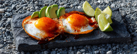 Fried eggs with avocado and chili sauce on a stone plate.の素材