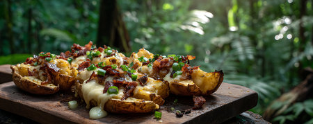 Baked potatoes with bacon and cheese on rustic wooden board.の素材