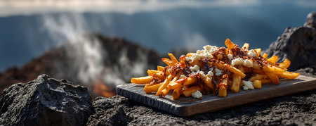Fried potatoes with cheese on a wooden board on the background of the volcanoの素材