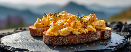 Scrambled eggs on toasted baguette with herbs and spicesの素材