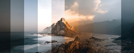 Tropical sea and mountain at sunset, panoramic bannerの素材