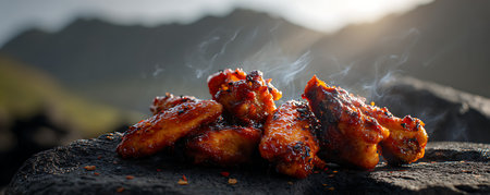 Grilled chicken wings on black volcanic background. BBQ food.の素材