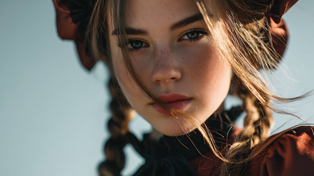 Close-up portrait of a girl with braids in a hatの素材