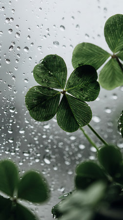 Clover leaf with raindrops on the window. St. Patrick's Day backgroundの素材