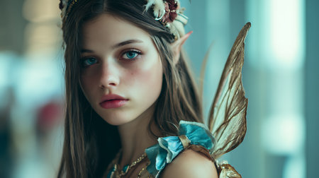 Portrait of a beautiful young girl with a butterfly in her hairの素材