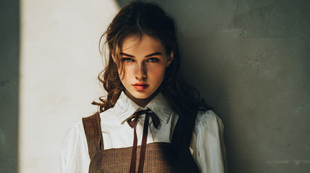 Portrait of a beautiful girl in a white shirt and a brown waistcoat.の素材
