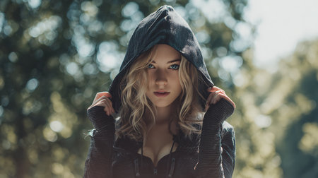 Portrait of a beautiful girl in a black hat and a jacketの素材