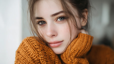 Close up portrait of a beautiful girl in a warm sweater and scarfの素材