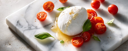 Tasty burrata cheese with tomatoes and basille board, closeupの素材