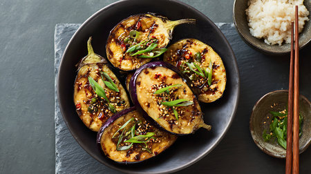 Grilled eggplants with sesame seeds and rice on black backgroundの素材